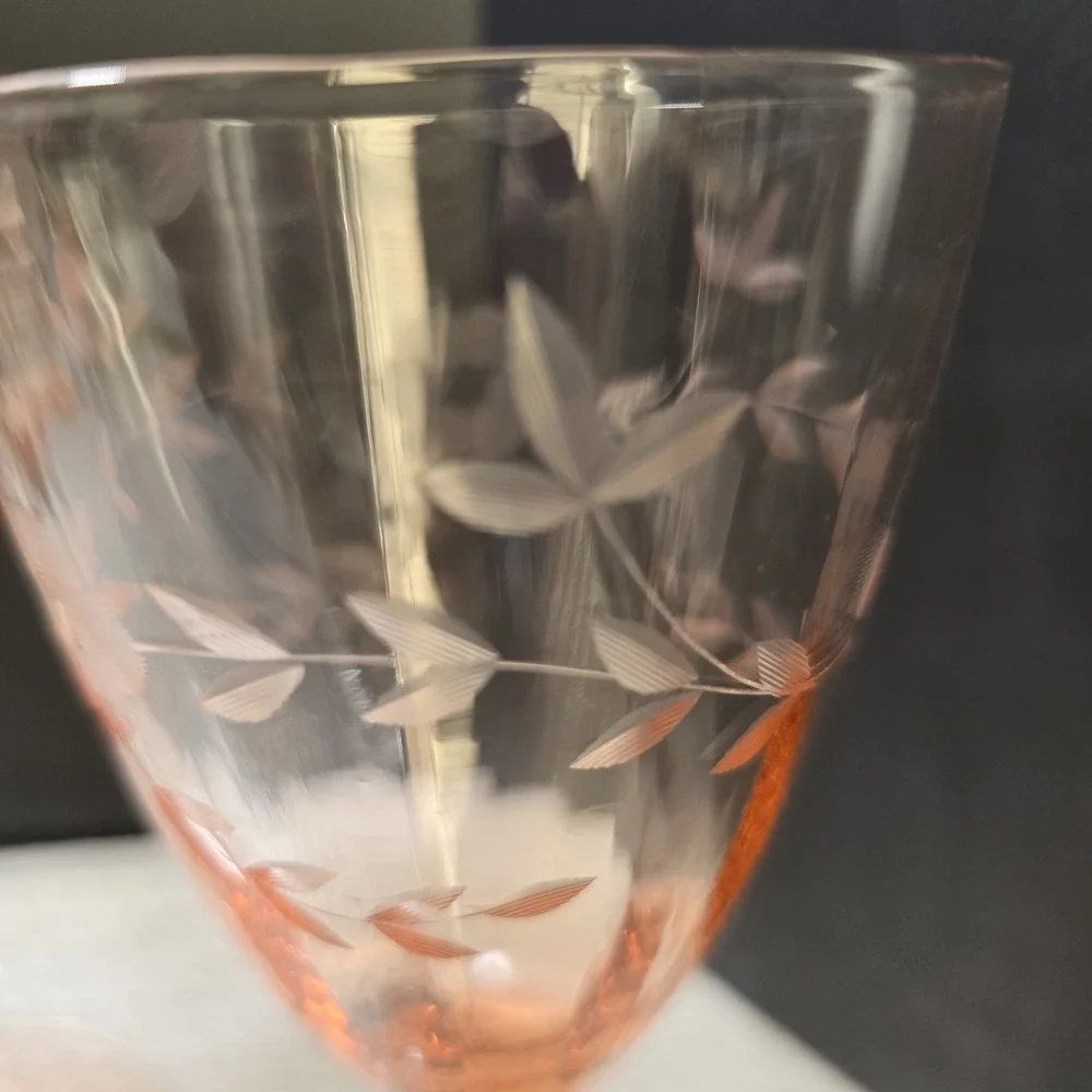 VTG Depression Glass Wine Goblets Set of 3 Etched Ribbed Rambler Rose Pink 7in